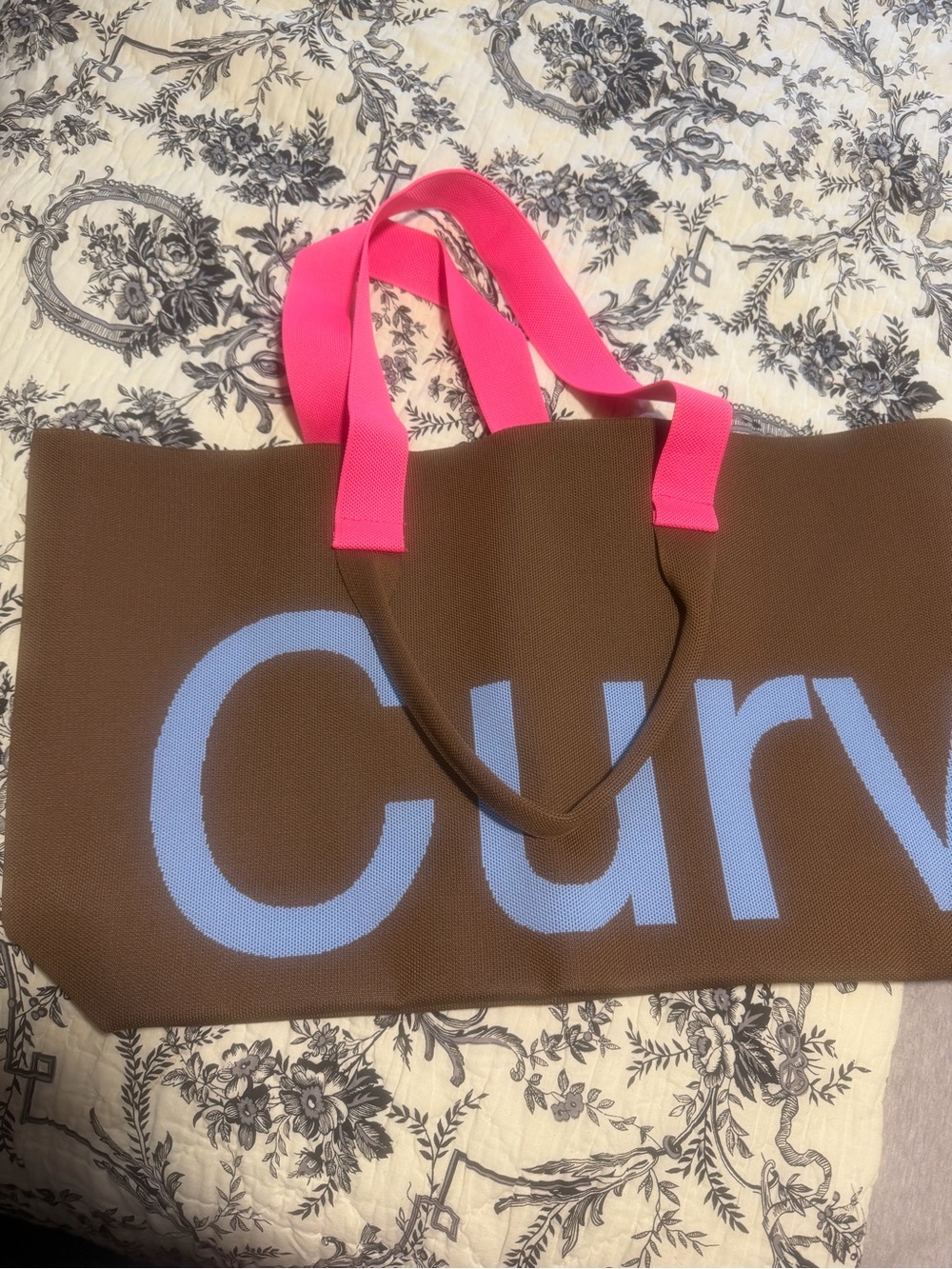 Brown Canvas Tote with Pink Handles and Light Blue Detail - CURVE TOTE